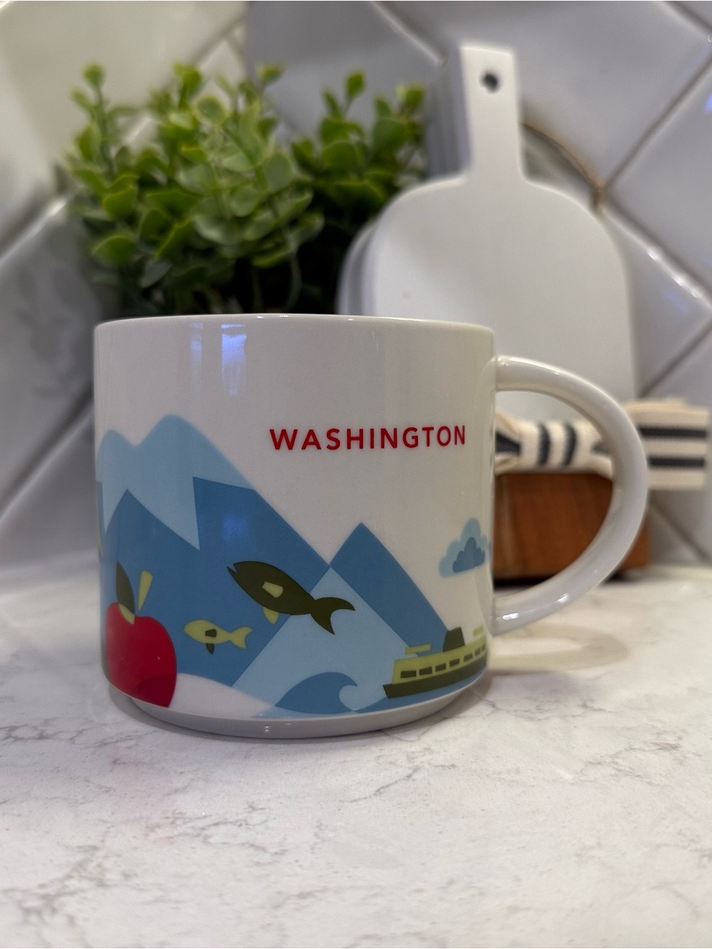 Starbucks White Blue Washington Scenic Ceramic Mug with Red Accent